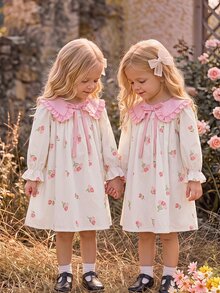 SHEIN LMoss Kids 女嬰女童可愛度假休閒圖案蝴蝶結長袖寬鬆洋裝，秋季花卉洋裝，粉色彼得潘領 - 彩色 - 查看 6