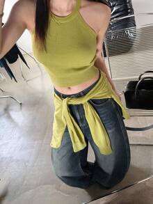 DAZY 女款破舊水洗褪色休閒街頭風韓式秋冬長牛仔褲 - 藍色 - 查看 4