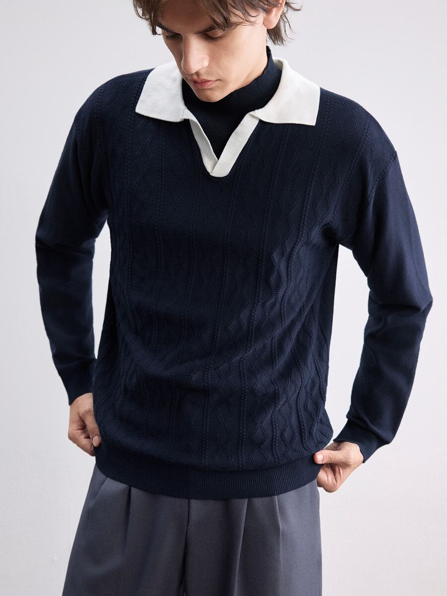 RONVEXI 男士 Polo 領長袖套頭針織衫,學院風休閒秋季上衣,適合日常穿著、休閒度假,V 領撞色設計 - 藏蓝色 - 查看 1