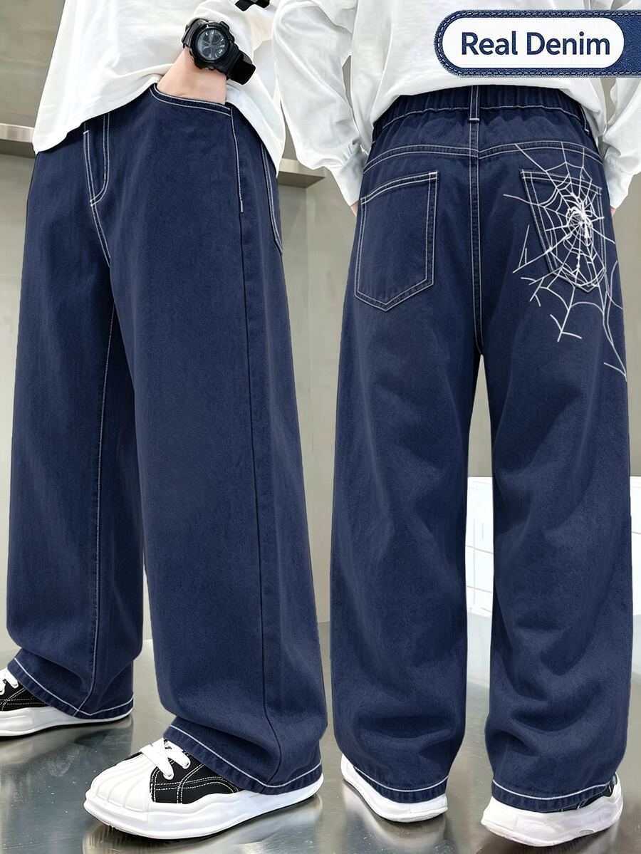 SHEIN 男孩牛仔長褲 夏季柔軟棉質 可愛彈性腰帶 後方蜘蛛網刺繡 寬鬆直筒版型 黑白配色 萬聖節 - 深色水洗藍 - 查看 1