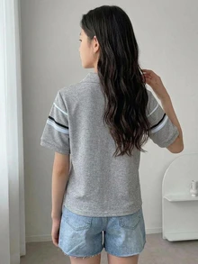 DAZY Basic Collared Striped Colorblock Short Sleeve T-Shirt For Girls (Large) - Grey - View 2
