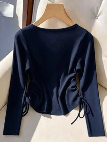 GlowEve CURVE Plus Size Elegant V-Neck Solid Color Ribbed Knit Long Sleeve T-Shirt, Slimming Waist Drawstring Single-Breasted Design, Suitable For Daily Commute, Versatile Party And Travel Outfit Top - Navy Blue - View 2