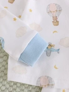 Cozy Pixies 新生兒嬰兒水彩卡通動物熱氣球圖案 溫暖優雅拼色長袖上衣與長褲家居服 - 藍色 - 查看 6
