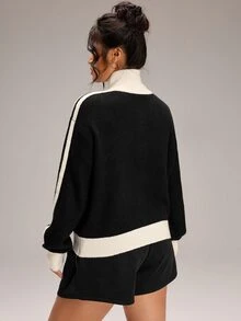 Rosumi Áo cardigan len dệt kim gân kẻ sọc phối màu tương phản có khóa kéo size lớn - màu đen - Xem 8