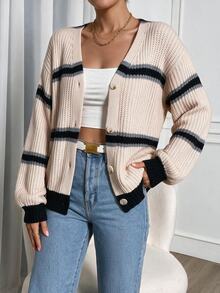 Flirla Women's Vintage Button Striped Contrast Color Knit Cardigan - Multicolor - View 4