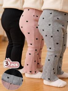 SHEIN Playful Pals 3件/包 女嬰純色長褲，簡約時尚，適合外出，春秋穿著，舒適風格 - 彩色 - 查看 1