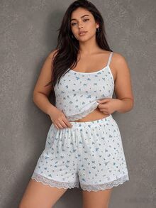 Esseday Plus Size Women Lace Patchwork Camisole Top And Hipster Panties Casual Everyday Lingerie Set - Grey - View 1