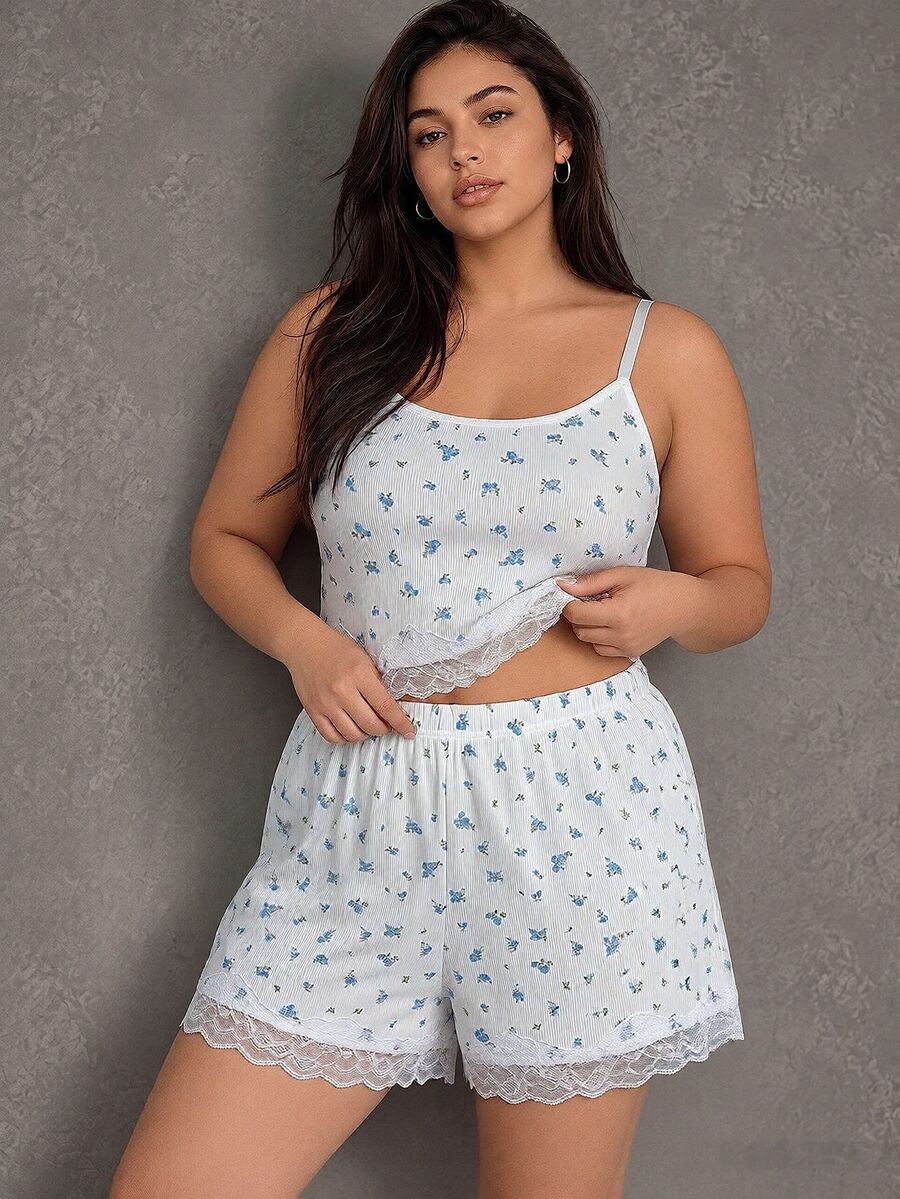 Esseday Plus Size Women Lace Patchwork Camisole Top And Hipster Panties Casual Everyday Lingerie Set - Grey - View 1