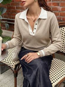 DAZY Women's Colorblock Pullover Sweater, Elegant - Khaki - View 3
