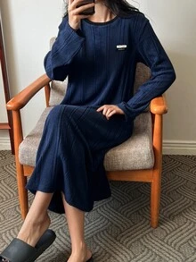 DAZY Autumn/Winter Brushed Fabric Letter Print Loose Fit Women's Loungewear Dress - Navy Blue - View 11