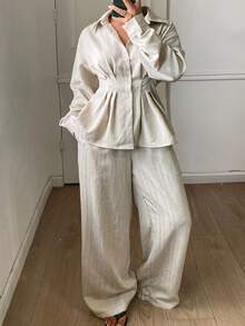 Dazy Plus Long Sleeve Linen Ruched Waist Blouse And Elastic Waist Wide Leg Pants 2pcs Set, Office Casual Street Commute - Apricot - View 5