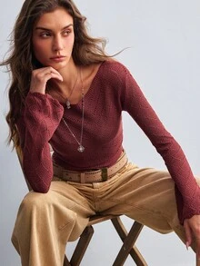 Willow Rêve Women's Solid Color Boat Neck Waist-Cinching Short Knit Top, Fashion Casual - Red - View 6