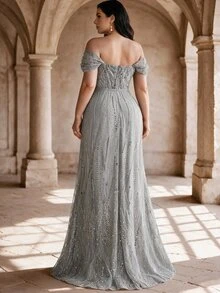 Coutiva Plus Size Women's Rhinestone & Sequin Design Off-Shoulder Elegant Formal Evening Gown (Heavy Embellished Style) - Grey - View 2
