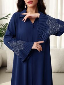 Al Najma Women's V-Neck Button Decor Rhinestone Trim Patchwork Pleated Petal Sleeve Full Skirt Arabic Style Dress Royal Blue Fall/Winter - Navy Blue - View 1