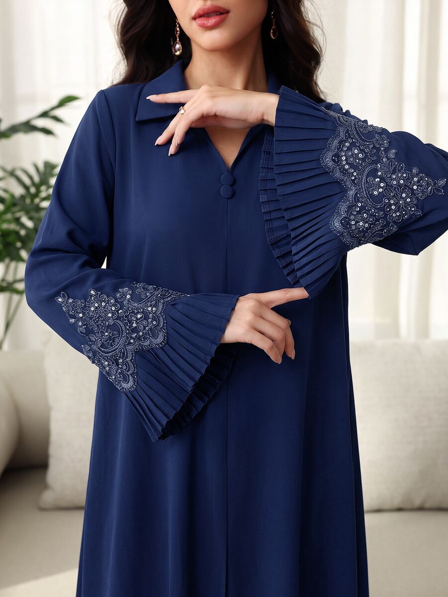 Al Najma Women's V-Neck Button Decor Rhinestone Trim Patchwork Pleated Petal Sleeve Full Skirt Arabic Style Dress Royal Blue Fall/Winter - Navy Blue - View 1