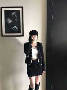 DAZY Women's Front Button Long Sleeve Top And Mini Skirt 2 Pieces Set - Black - View 4