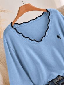 CosyJoli Plus Size Women's Curved V-Neck Knight Graphic Long Sleeve Casual Pullover Sweater - Blue - View 5