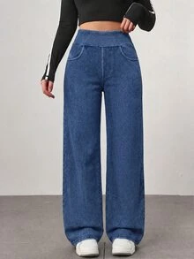 Flexra Women's Loose Straight Leg Stretch Plus Size Denim Jeans - Blue - View 3