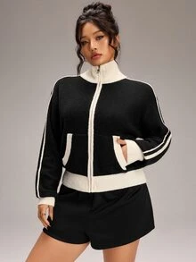 Rosumi Áo cardigan len dệt kim gân kẻ sọc phối màu tương phản có khóa kéo size lớn - màu đen - Xem 6