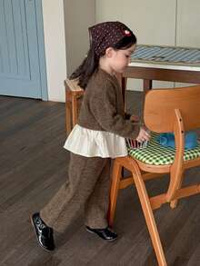 DAZY Infant (Girl) Round Neck Long Sleeve Colorblock Patchwork Korean Style 2 Pieces Sweatshirt Set Fall - Coffee Brown - View 7