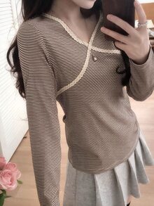 DAZY Women's V-Neck Striped Long Sleeve T-Shirt Fall - Coffee Brown - View 8