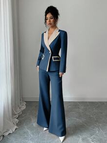Elenzga 女款優雅黑白拼色高階西裝外套與喇叭褲兩件套裝，秋季辦公商務通勤日常穿著 - 藏蓝色 - 查看 3