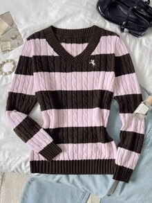Girlism 青少年女孩針織粉色與棕色條紋刺繡圖案V領長袖毛衣 - 粉色 - 查看 5