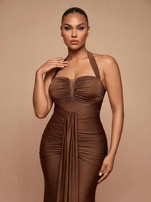 Glamrae Gaun Mermaid Tanpa Tali Leher V Dalam Seksi Elegan Romantis Ukuran Plus Warna Cokelat dengan Kain Rajut Elastis, Rumbai Berkerut, Hem Mermaid Pas Badan dengan Ekor, Cocok untuk Pernikahan, Pesta, Pesta Lajang, Liburan, Pesta Dansa, Gala Malam - Coklat - View 3