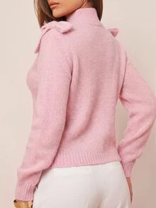 Amorya Women's Bow High Neck Sweater, Winter Sweater - Pink - View 2