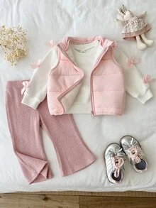 SHEIN Vintaside Kids 3件組幼女背心上衣與長褲套裝，可愛甜美粉色白色蝴蝶結羅紋加厚長袖圓領，冬季秋季保暖舒適公主風毛絨度假派對裝 - 粉色 - 查看 8