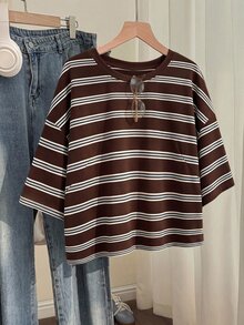 Comfortcana Áo thun size lớn phong cách vintage phối màu sọc color block, thời trang đường phố thường ngày - Nhiều màu - Xem 6