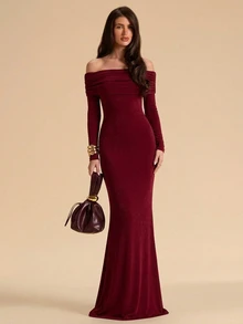 SHEIN BAE Women's Solid Burgundy Off-Shoulder Backless Dress With Extra Long Bow Decor, Christmas, Halloween - Burgundy - View 5