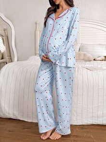 Moonlight&Mama Striped Small Heart Print Collared Long Sleeve Top And Pants 2 Pieces Maternity Pajama Set - Blue - View 7