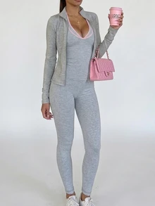 SHEIN BAE Women's Solid Color Casual Daily Outdoor Sports Jacket - Light Grey - View 2