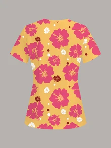 PopScrub Women's Contrast Color Floral Print Short Sleeve Scrub Uniform Top - Multicolor - View 2