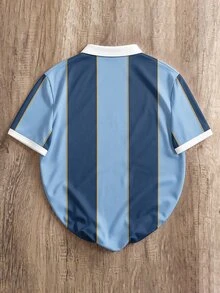 OldRiff 男士百搭條紋字母印花短袖 Polo 衫 - 藍色 - 查看 2