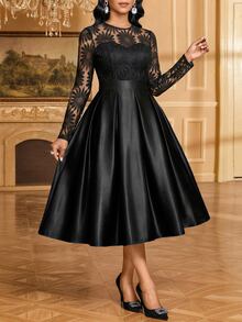 SHEIN Lady Đầm dạ hội thêu hoa thanh lịch size lớn - màu đen - Xem 6