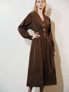 Aveloria Modichic Button Decor, Commuter Design Fashionable Elegant V-Neck Elastic Waist Versatile Long Dress - Coffee Brown - View 5