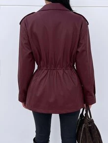 Struktiv Women's Autumn/Winter Fashion Casual Loose Pocket Design Cinched Waist Long Sleeve Leather Premium Feel Suitable For Daily Commute Shopping Date Street Style Regular Jacket - Burgundy - View 2