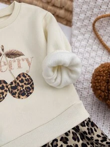SHEIN 女嬰櫻桃印花寬鬆落肩假兩件式拼接下擺刷毛加厚洋裝，適合冬季 - 杏色 - 查看 8