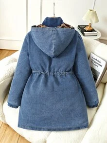 SHEIN 女童休閒連帽牛仔厚外套，豹紋抓絨內裡，抽繩收腰，側斜口袋，彈性袖口，適合上學、購物、散步、旅行、外出，可搭配長袖衫、毛衣、運動褲、長褲 - 藍色 - 查看 2