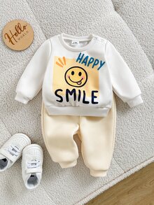 SHEIN 新生兒字母與笑臉圖案長袖上衣與長褲休閒日常套裝 - 杏色 - 查看 3
