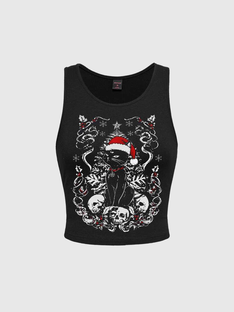 ROMWE Goth Christmas Dark Cat Mysterious Star Moon Sun & Stars Women's Tank Top - Black - View 1