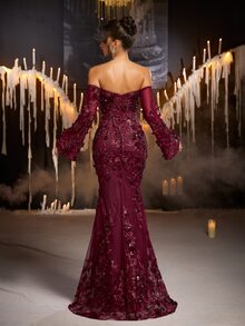 Glamrae Burgundy Cold Shoulder Deep V-Neck Sequin 3D Floral Applique Sheer Mesh Mermaid Long Dress, Long Bell Sleeves Formal Evening Gown, Suitable For Prom, Evening Party, Wedding And Party - Burgundy - View 2