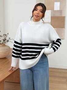 Lounesse Plus Size Women's Stand Collar Colorblock Horizontal Striped Casual Loose Versatile Pullover Sweater Winter - Multicolor - View 1