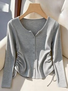 GlowEve CURVE Plus Size Elegant V-Neck Solid Color Ribbed Knit Long Sleeve T-Shirt, Slimming Waist Drawstring Single-Breasted Design, Suitable For Daily Commute, Versatile Party And Travel Outfit Top - Grey - View 1