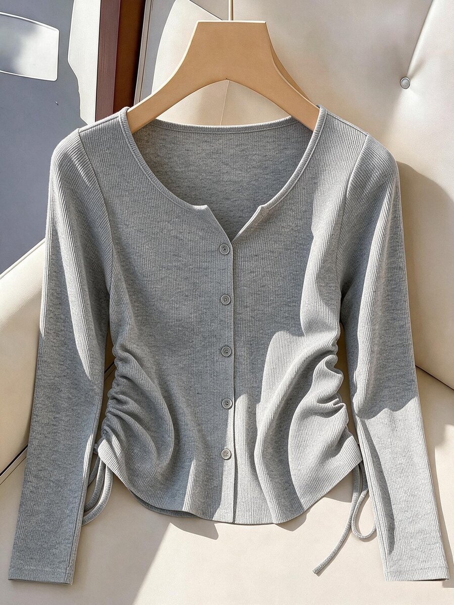 GlowEve CURVE Plus Size Elegant V-Neck Solid Color Ribbed Knit Long Sleeve T-Shirt, Slimming Waist Drawstring Single-Breasted Design, Suitable For Daily Commute, Versatile Party And Travel Outfit Top - Grey - View 1
