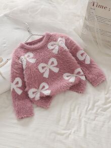 SHEIN Vintaside Kids 女童圓領套頭長袖毛衣，可愛粉色人造貂毛材質，附蝴蝶結 - 粉色 - 查看 3