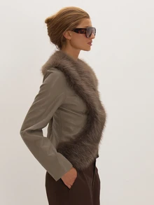 MUSEYN Grey PU Faux Fur Collar Long Sleeve Jacket Versatile Everyday Date Night Chic New Season Fall - Grey - View 4
