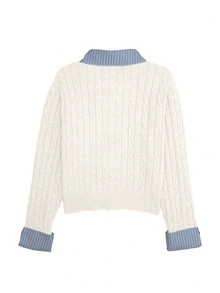 Franclia Fashionable French 2000s Blogger-Inspired 2 In 1 Patchwork Knit Cardigan Sweater Cable Button Up Collared Teachers' Day Office Grey Blue Autumn - Beige - View 7